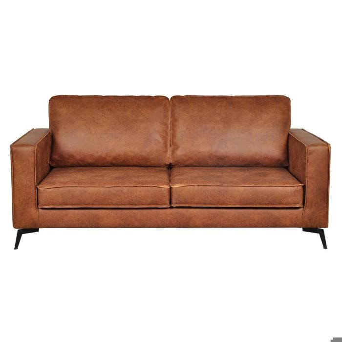 Canap&eacute; vintage 3 places cuir marron cognac aspect vieilli et m&eacute;tal noir SONNY