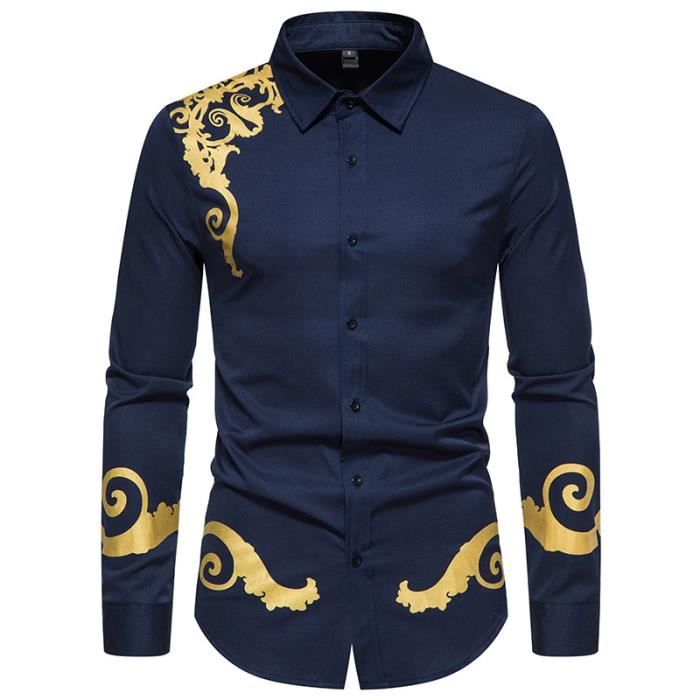 Chemise Homme Chemise Imprimee Dore Chemisette a Manches Longues Chemise Business Casual Decontractee Henley Shirt Homme Bleu Marine bleu marine Cdiscount Pret a Porter