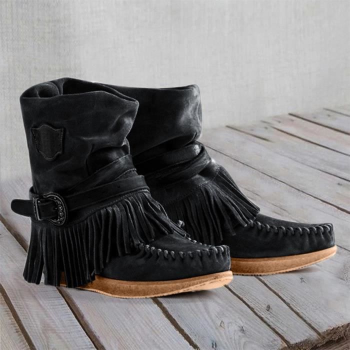 Mode femme decontractee bout rond retro frange bottines courtes chaussures plates pilerty Noir 316 Noir Cdiscount Chaussures