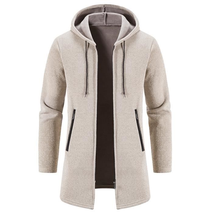 Gilet Hiver Capuche Homme en Tricot Mi long Doubl e Polaire Zippe