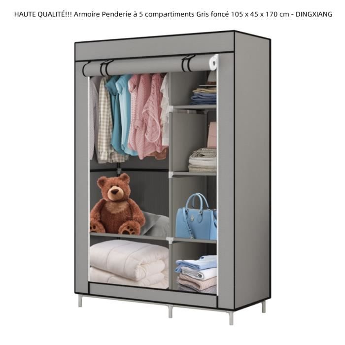Armoire Penderie en Tissu à 5 compartiments Gris foncé avec barre de suspension 105 x 45 x 170 cm - QUIIENCLEE