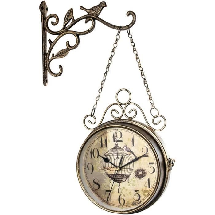 Horloge Murale Type de Gare Double Face 26 cm de Diamètre Accessoire Déco au Style Rétro Vintage