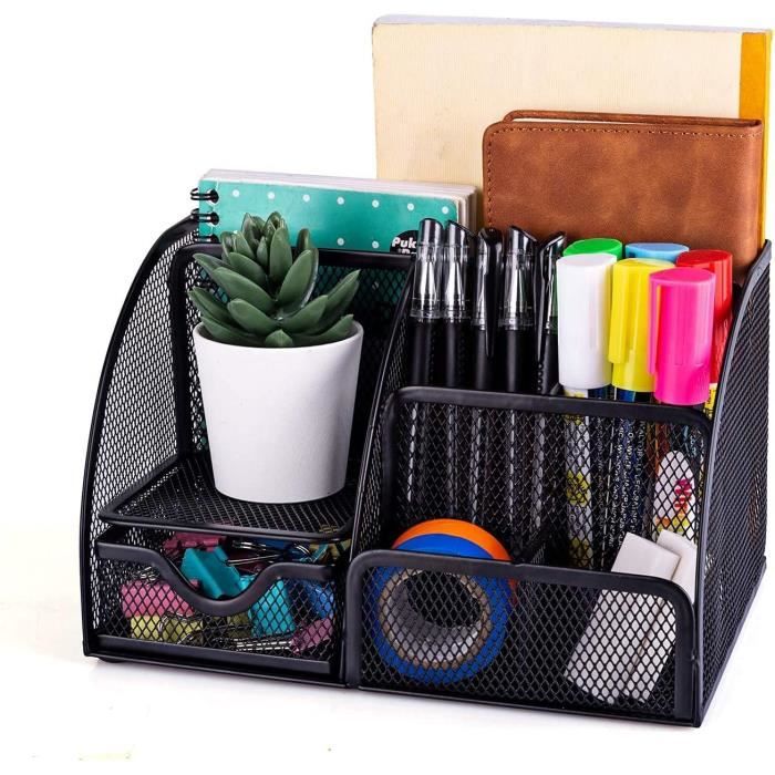 Range Bureau 9 Compartiments Blanc EasyPAG - Organisateur Bureau Métal 9 Compartiments Avec Tiroir - Blanc - Range-crayons Stylos Fournitures Organisateur Bureau Metal