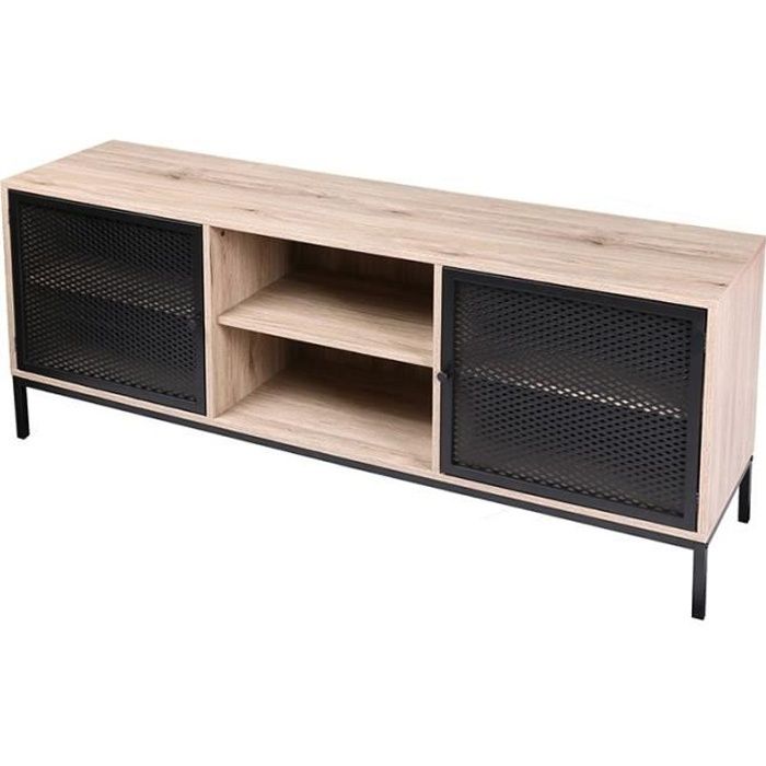 meuble tv - urban living - soho - 2 portes grillagées - imitation bois et métal - contemporain