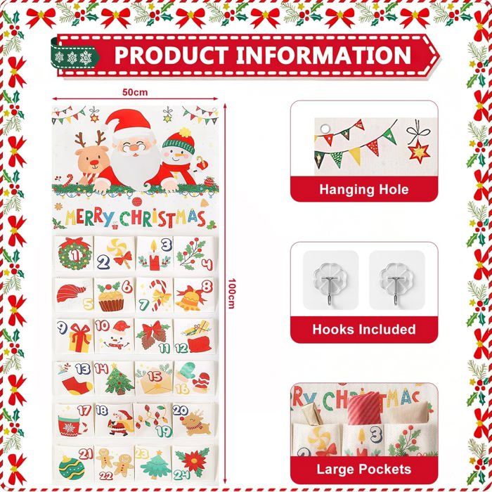 HGRGHH Calendrier de l'Avent à Remplir en Tissu, 2024 Calendrier Suspendu Avent Noël, Calendrier Avent Tissu Réutilisable, Calendrier de l'Avent Vide à Remplir, avec 24 Poches pour Décorations de Noël HGRGHH Calendrier de l'Avent à Remplir en Tissu, 2024 Calendrier Suspendu Avent Noël, Calendrier Avent Tissu Réutilisable, Calendrier de l'Avent Vide à Remplir, avec 24 Poches pour Décorations de Noël