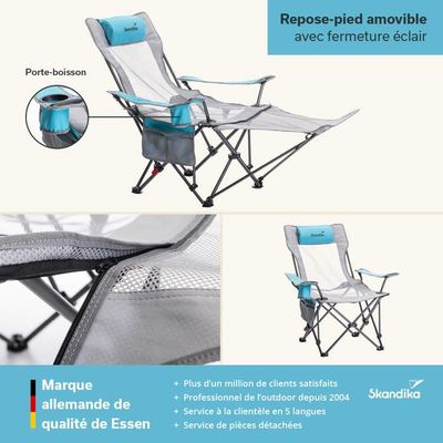 Skandika Chaise Camping Toras Avec Repose-pieds – Pliable, Dossier Réglable, Porte-gobelet, Pour Festival, Pêche Ou Jardin (gris/bleu)