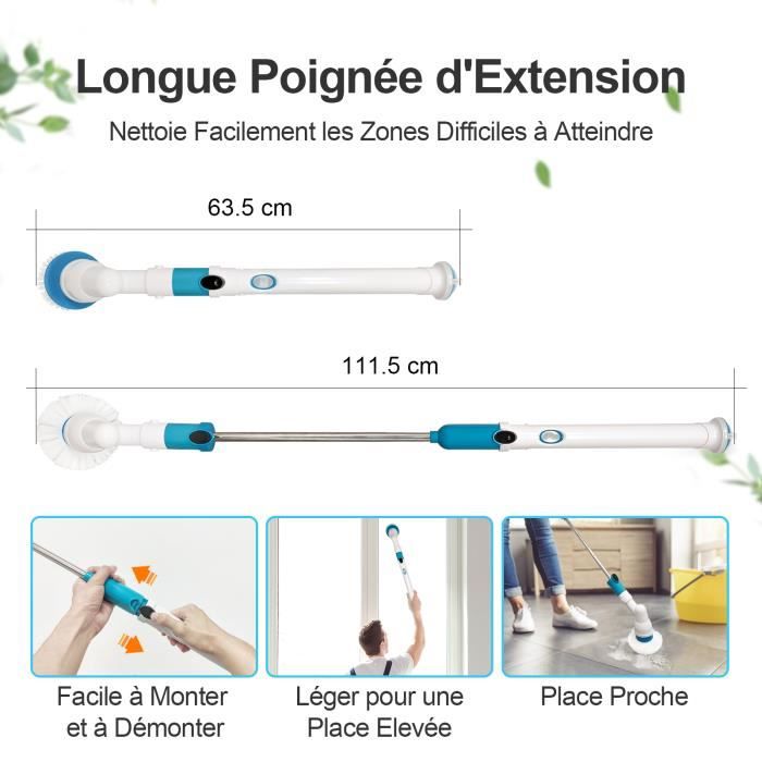Brosse Electrique Nettoyage Rotative, Electric Cleaning Brush sans Fil avec Poignée Réglable et 6 têtes de Brosse interchangeables, Power Spin Scrubber Rechargeable pour Cuisine, Bain, Voiture