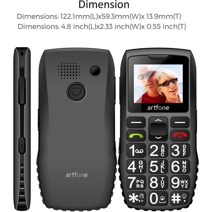 GSM Téléphone Portable Senior Débloqué avec Grandes Touches Volume Élevé Écran de 1,77 Pouces Bouton SOS Lampe Torche Dual SIM Réveil Radio FM