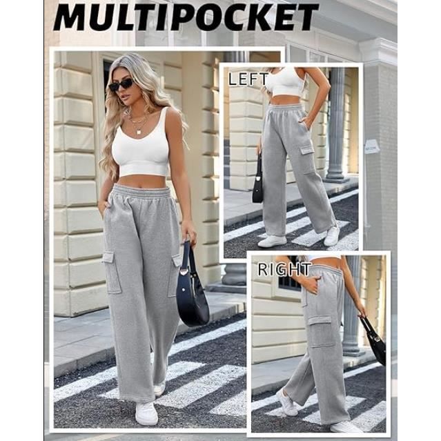 Pantalon Jogging Femme Large Pantalons de Sport Detente Pantalon Survetement Taille Haute Training Pants avec Poches gris clair