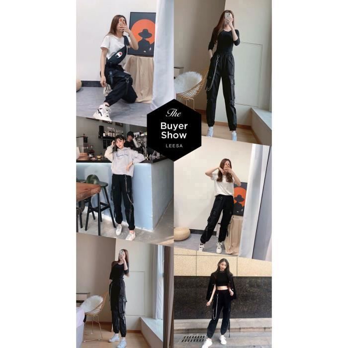 Pantalon Cargo Noir Techwear Femme Jambes Larges Style Rock