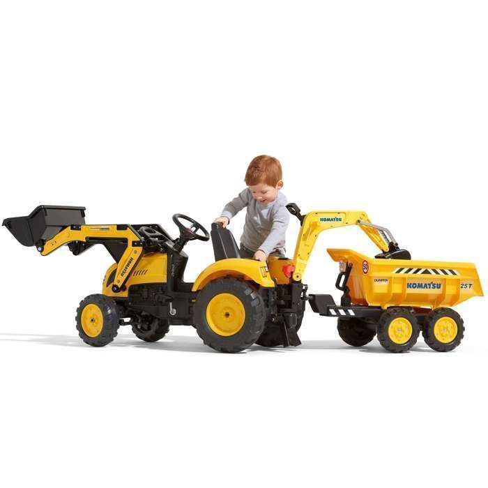 Tractopelle Komatsu à Pédales FALK – Pelle Frontale Et Excavatrice Arrière, Siège Rotatif 360°, Remorque Basculante – Fabriqué En France, Dès 3 Ans