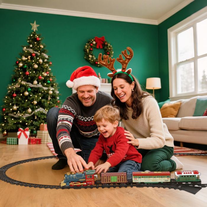 Train électrique De Noël Avec Sons Et Lumières – 1 Locomotive + 3 Wagons + 8 Rails – Dès 3 Ans