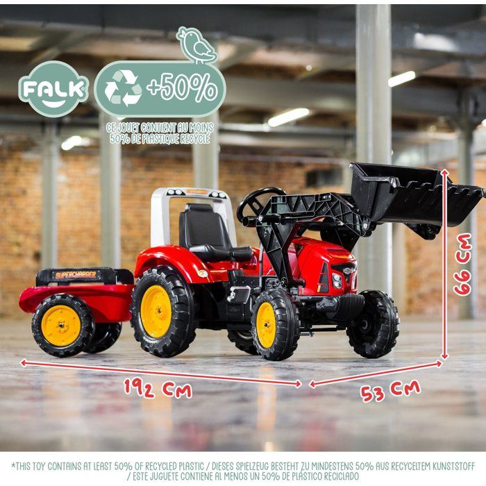 FALK – Tracteur à Pédales Supercharger Avec Remorque – Capot Ouvrant, Siège Réglable, Fabriqué En France