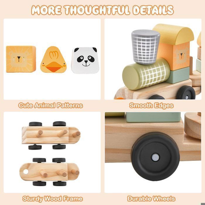 DREAMADE Jouet Train Empilable en Bois pour Enfants à 3 Wagons, Jeu de Train Educatif avec Animaux Colorés et Locomotive Rétractable, Jouet d'Activités pour Garçons et Filles 3+ Ans (Model1