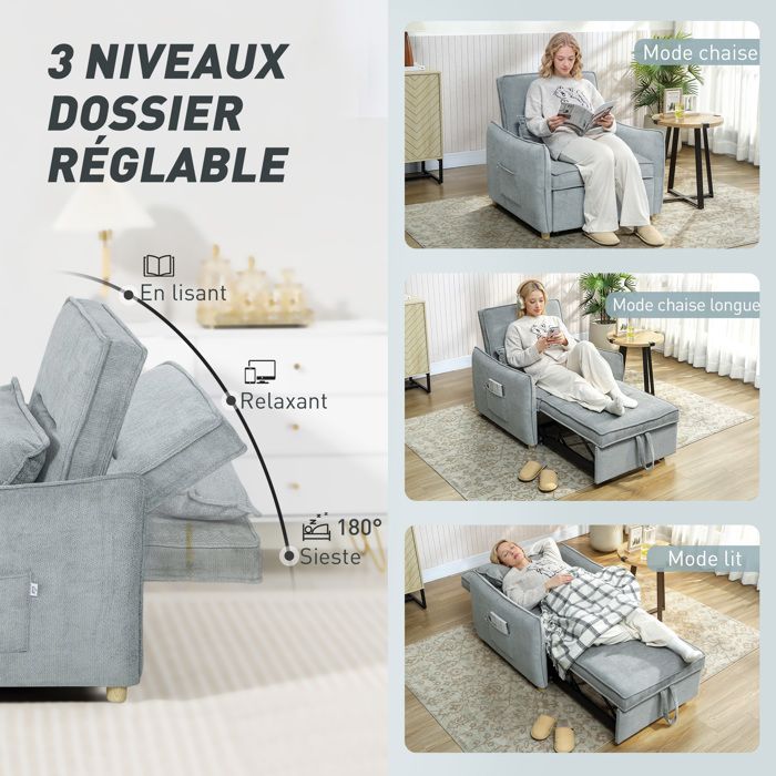 Canape Convertible Canapé Lit 1 Place Fauteuil Chaise Longue Coussin Réglable Rangement Roues Pliante Bealife | Leroy Merlin