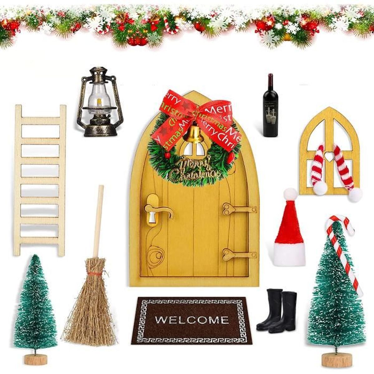 Accessoires Miniatures Pour Porte De Lutin - Lampadaire + Banc - Échelle 1/12 - Décoration Noël