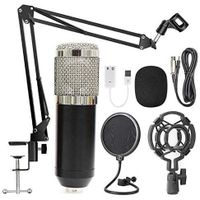 BM-800 Microphone à Condensateur Kit, Micro Studio Streaming Professionnel avec Suspension Bras pour PC,Gamer, Noir+Argenté