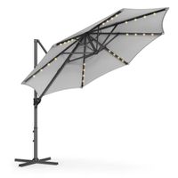 Parasol de Jardin 300 cm, 28 LED Solaires, Pivotant à 360°, Inclinaison Fluide, Manivelle, avec Base en Croix, Gris Tourterelle