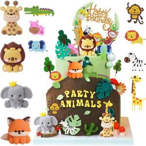 Décoration De Gâteau Thème Jungle/safari - Figurines Animaux (éléphant, Singe, Lion, Girafe) + Feuilles - Pour Fête Bébé