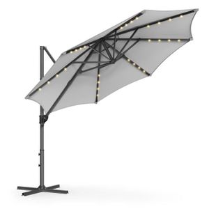 PARASOL Parasol de Jardin 300 cm, 28 LED Solaires, Pivotant à 360°, Inclinaison Fluide, Manivelle, avec Base en Croix, Gris Tourterelle