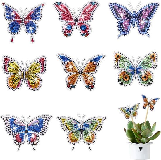 Kit Diamond Painting Papillons 8 Pièces - Décorations DIY Pour Jardin, Pot De Fleurs, Intérieur