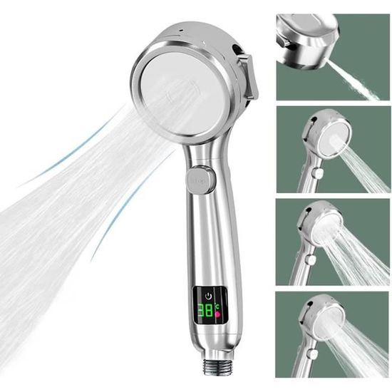 Grand pommeau de douche Chromé.135 mm, haute pression et économie d'eau, avec 3 types de jet (pluie/massage/mix), buses en silicone anti-calcaire, design chromé, pour bébé et animaux domestiques