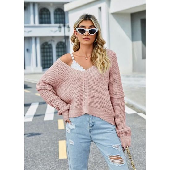 Pull Pour Femme - Épaules Dénudées - Col Rond - Uni - Manches Longues - Tricot Grande Taille - Pull Ample Pour L'automne Et L'hiver - Sous-vêtements Surdimensionnés Pour La Maison, 1