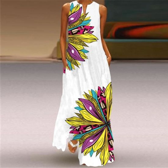 Robe Maxi Décontractée Sans Manches - Col En V - Imprimé Bleu Ciel - Taille 4XL - Pour Femme Grande Taille Automne