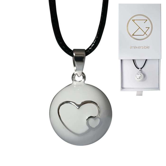 Bola de grossesse blanc lisse/motif argent avec chaîne - VICTORIA (Coeurs) plaquée argent véritable - coffret cadeau femme enceinte