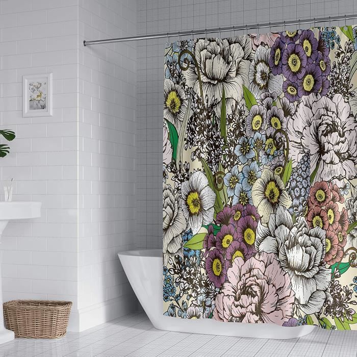Rideau de Douche Floral 180x180cm Rideaux de Salle de Bain en Polyester Anti-moisissure Imperméable avec 12 Crochets