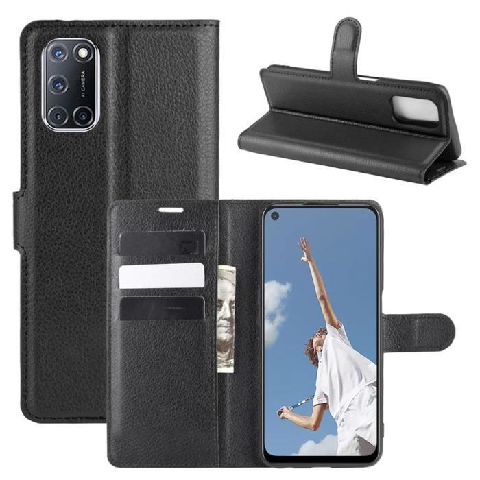 Étui Housse OPPO A72, Cuir Étui Folio Portefeuille Pleine Fleur Mince Souple Protection Antichoc, Noir