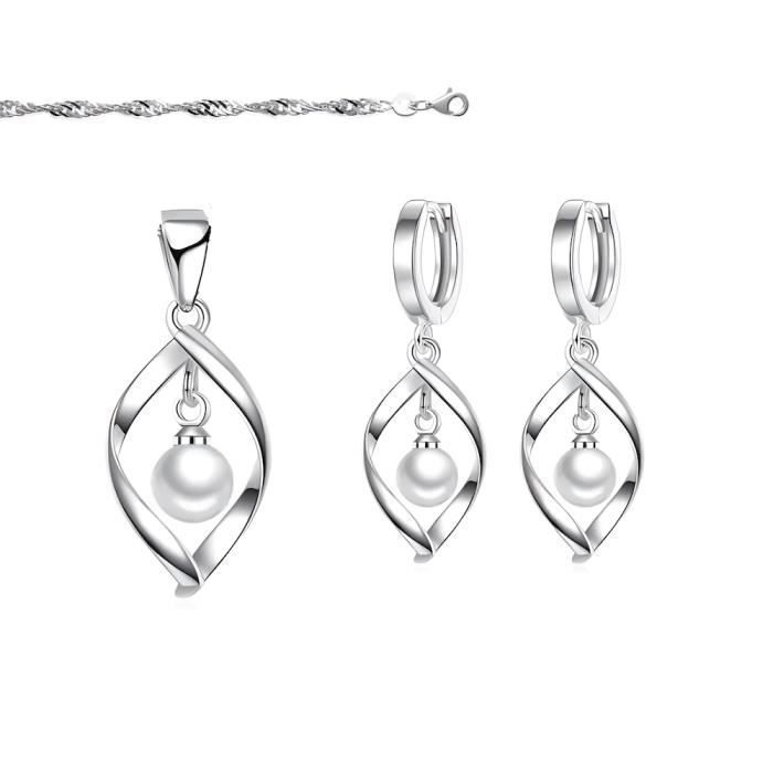 Parure Bijoux Perle Blanche Ronde Nacrée Suspendue Femme Argent Fin 925