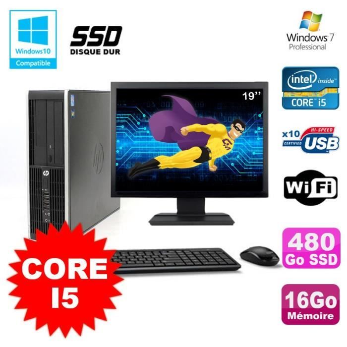 Lot PC HP Elite 8200 SFF Core I5 3.1GHz 16Go 480Go DVD WIFI W7 + Ecran 19