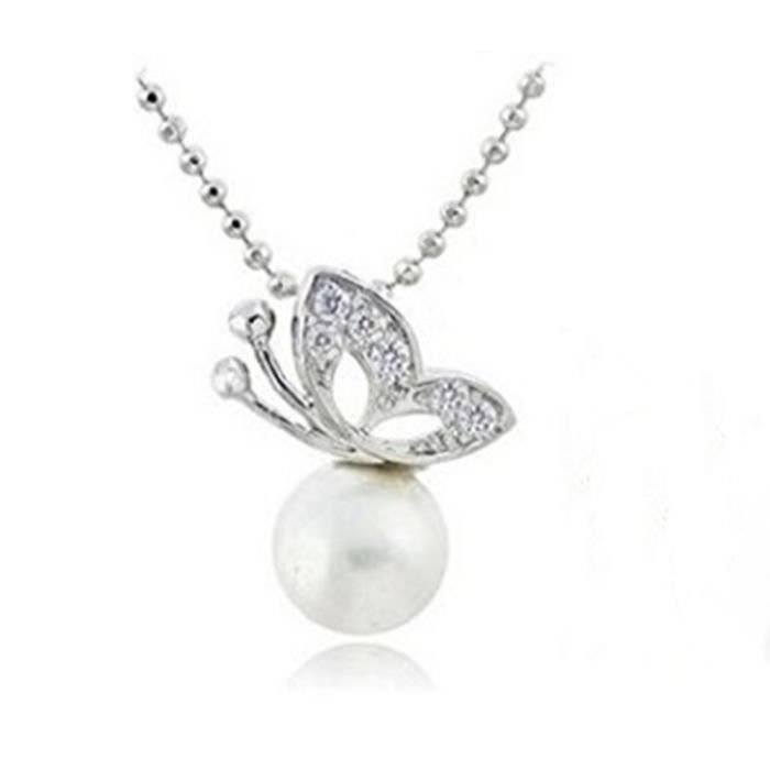 LCC®Collier argent femmes filles/Pendentif perle artificielle papillon/Ailes d'ange/ Bijoux fantaisie/ Plaqué zinc cadeau ideal