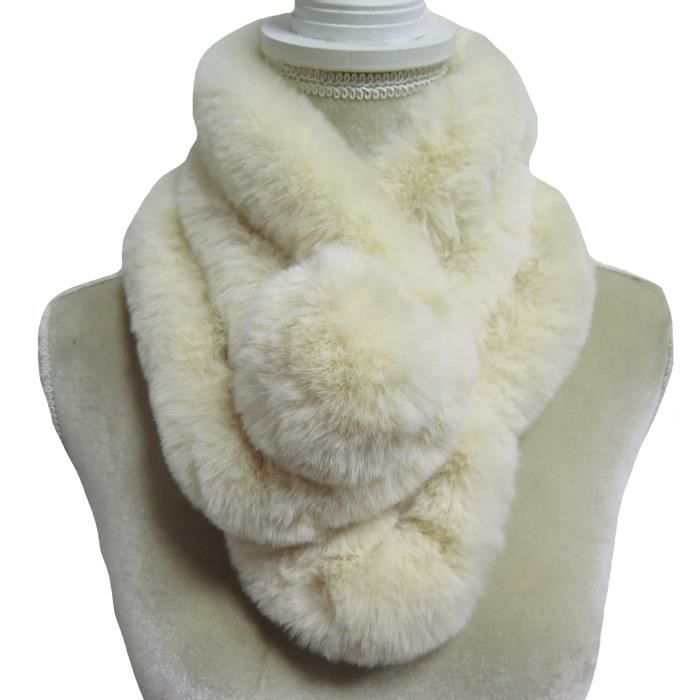 Écharpe Femme Tour de Cou en Fausse Fourrure Pom Pom-Beige Clair