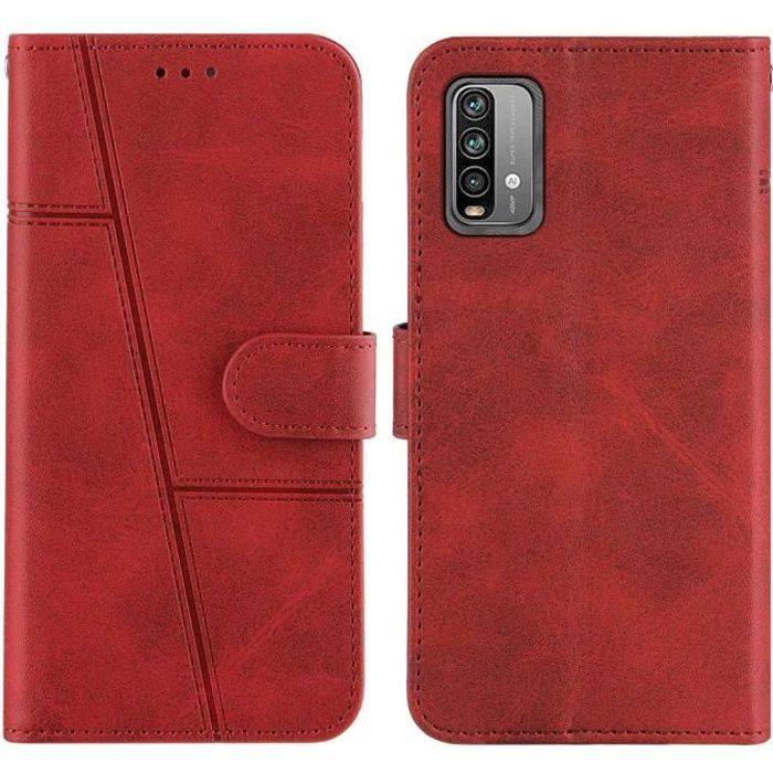 Xiaomi Poco M3-Redmi Note 9 4G-Redmi 9 Power-Redmi 9T Housse en Cuir Portefeuille à Rabat Téléphone Portable Pochette Étui,Rouge