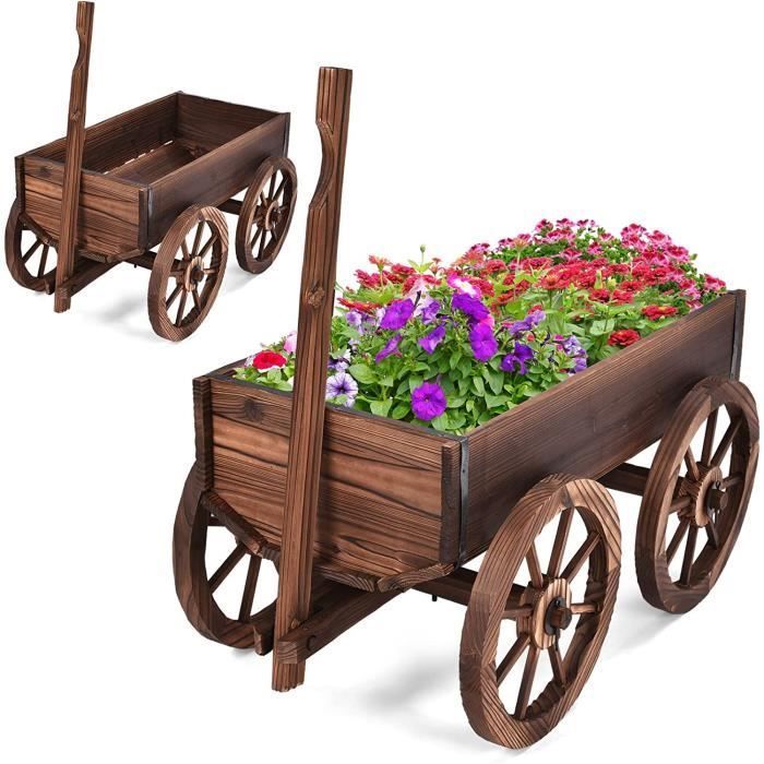 RELAX4LIFE Brouette à Fleur en Bois de Sapin à Roues, Jardinière Décoratif de Fleurs&de Plantes avec Poignée Réglable, 120x43x53,5cm