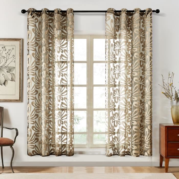 Topfinel Lot de 2 Rideaux Voilages 140x220 cm à Motif Fleur Brun Décoration Salon Moderne Chambre