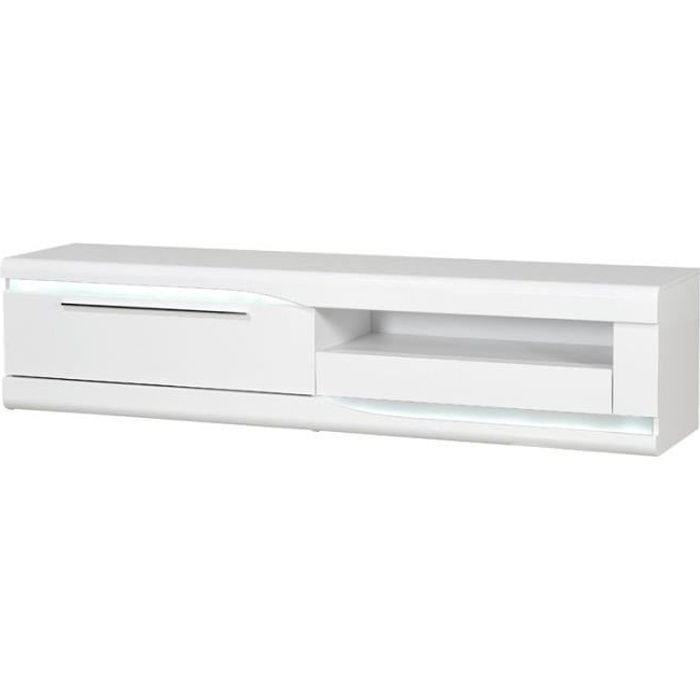 Meuble TV 2 tiroirs Blanc laqué brillant à LEDs - PESMES - L 200 x l 46 x H 46