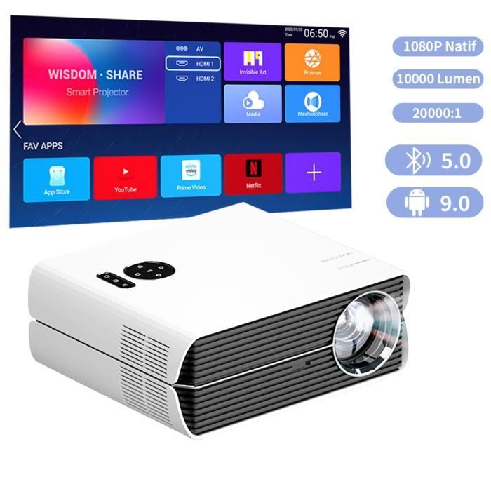 Vidéoprojecteur TROISC DELTA Android FULL HD 1080p 10000 Lumen Bluetooth WIFI Recopie L'écran Projection Latérale 300 Max Zoom Blanc