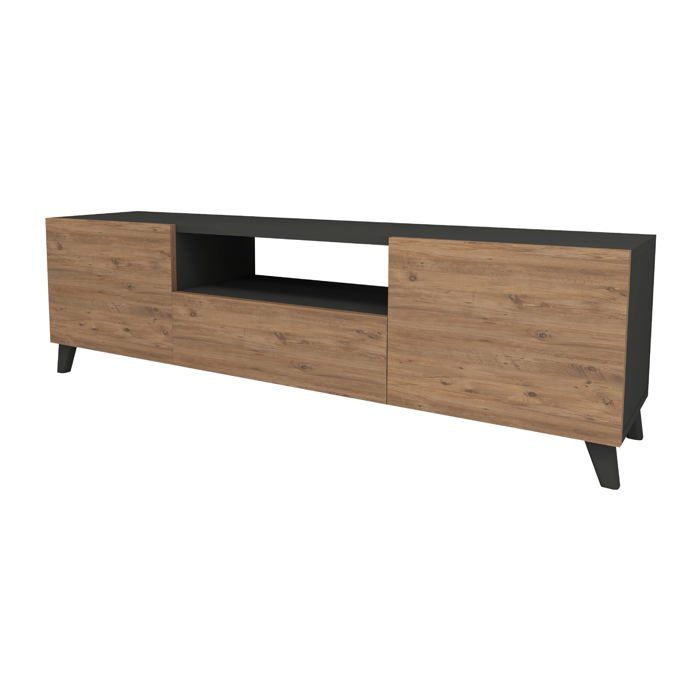 Meuble TV - Design - 140 cm - Anthracite - Effet chêne - 3 compartiments de rangement