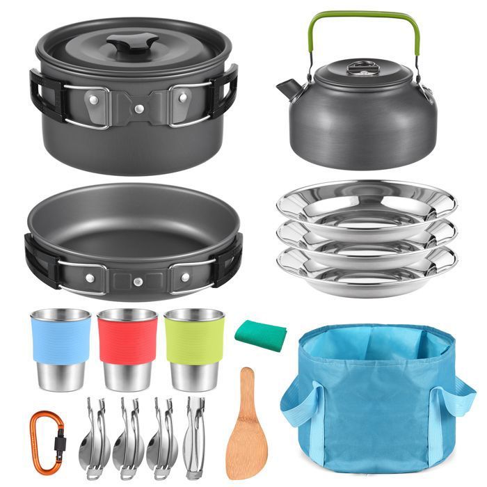 Kit de Cuisine Camping 21 Pièces - Set de Cuisson Ultraléger et Pliable pour Randonnée Trekking et Voyage