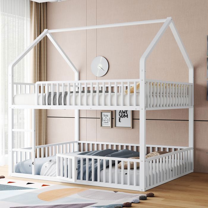 Lit Superposé Cabane en Métal - MERAX - 140x200 cm - Blanc - Design Ludique - Sécurité Optimale