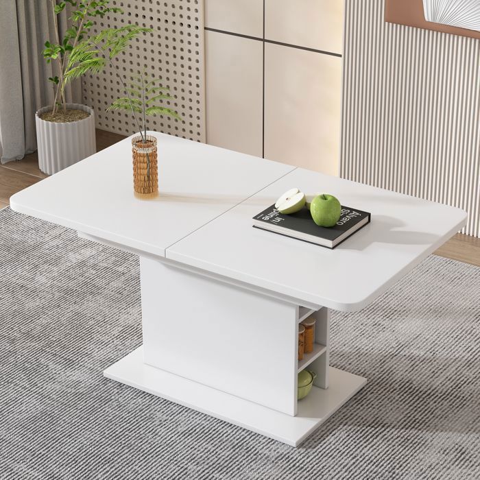 Table à Manger Extensible - avec Rangement - Table Modulable de Cuisine - Plateau Rectangulaire pour Salon et Cuisine - Blanc