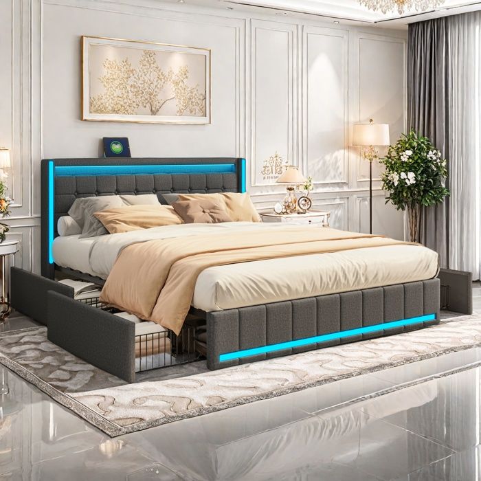 Lit 160x200CM avec LED Couleur Ajustable 2 USB 1Type-C 4 Tiroirs Structure de Lit avec Tête de Lit Rembourrée et Sommier Lin Gris