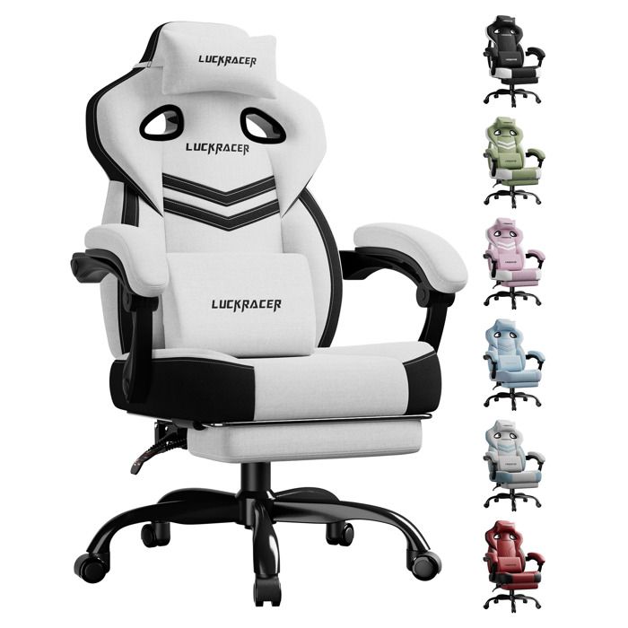 LUCKRACER Chaise de gaming chaise de bureau avec accoudoirs intégrés coussin en mousse à mémoire de forme repose piedsBlanc