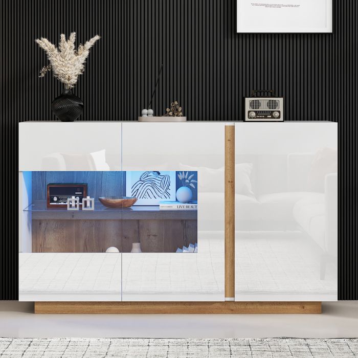 Commode de panneau latéral haute brillance panneau de particules blanc avec verre base en bois commode armoire de couloir 138 *