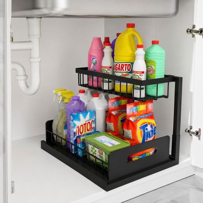 Rangement Sous Évier Coulissant à 2 Niveaux Organisateur de Placard Étagère de Rangement pour Cuisine et Salle de Bain Noir