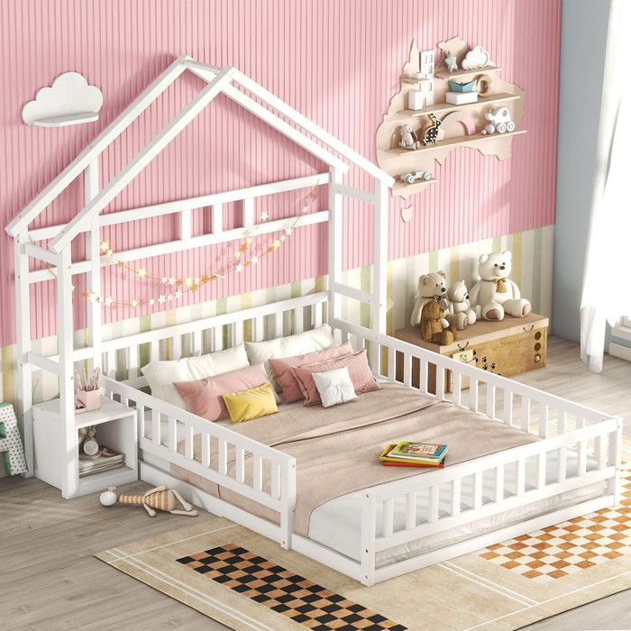 LIT COMPLET 140 x 200cm lits bébé lits plats lits de maison avec balustrade lits bébé avec tables de chevet blanc