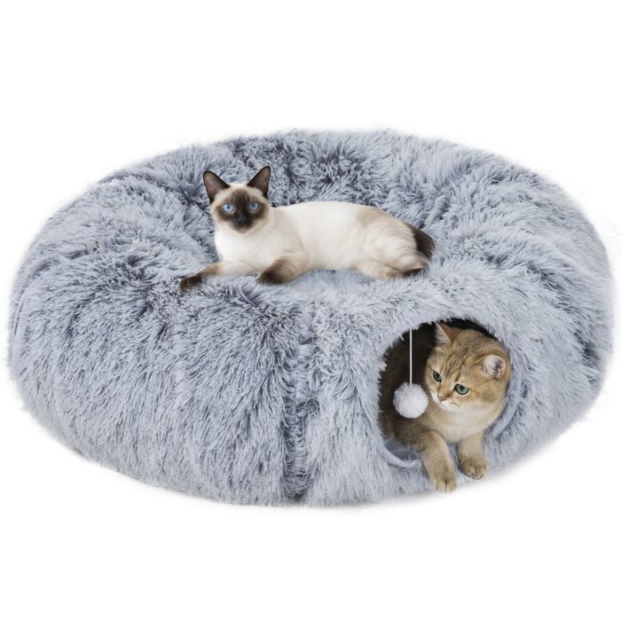 Tunnel pour chat intérieur - PawHut - en forme de donut avec coussin lavable et jouet balle - polyester - 90x80x27cm - gris clair Tunnel pour chat intérieur - PawHut - en forme de donut avec coussin lavable et jouet balle - polyester - 90x80x27cm - gris clair
